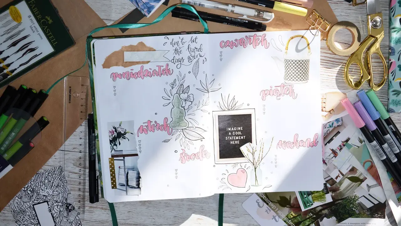 Piękne bullet journal pomysły na każdy dzień tygodnia, od poniedziałku do weekendu, z rysunkami i cytatem.