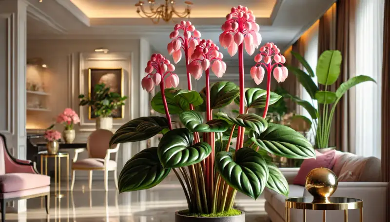 Kwiat medinilla z różowymi kwiatostanami i dużymi, zielonymi liśćmi w eleganckim wnętrzu.